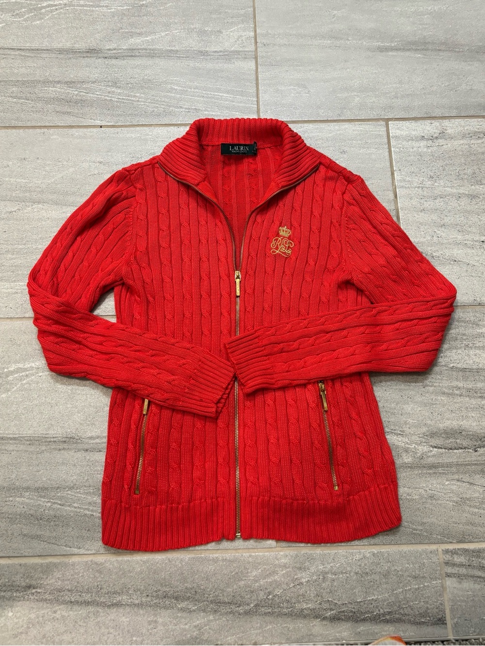 Lauren Ralph Lauren Red Cable-Knit Zip Cardigan